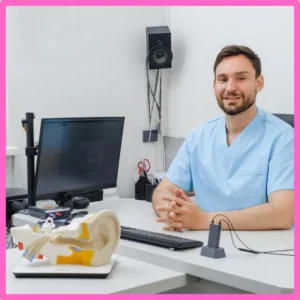 An audiologist smiles next to a model of an ear. 