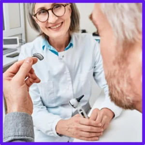 A man visits his audiologist. 