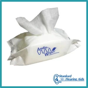 Hearing aid cleaning wipes sit on a white background. 