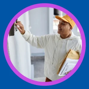 A delivery person pushes a visual doorbell. 