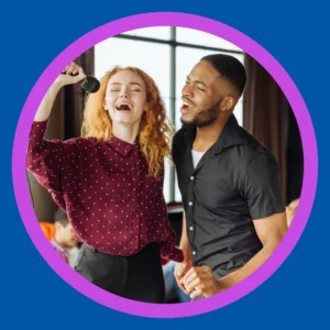 A couple does karaoke together. 