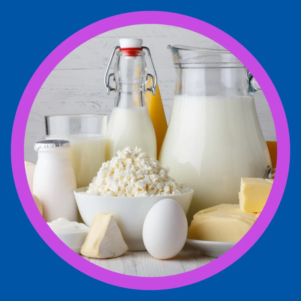 Dairy foods sit on a table.