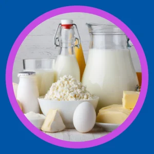 Dairy foods sit on a table.