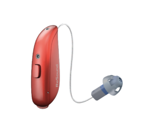 A red ReSound Vivia hearing aid stands on a white background.
