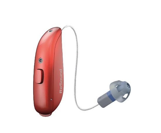 A red ReSound Vivia hearing aid stands on a white background.