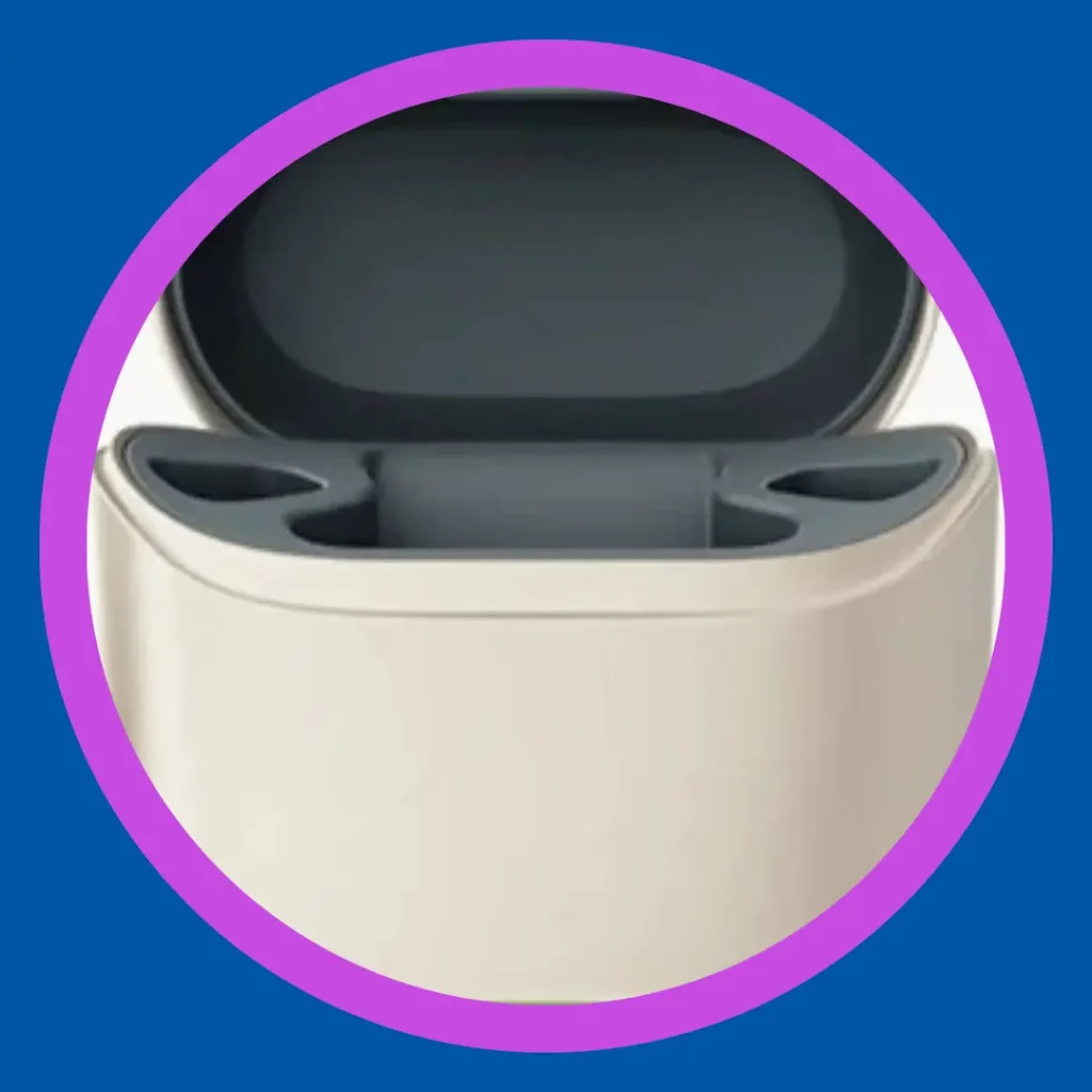 An empty hearing aid charging case stands.