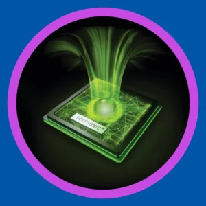 Green light beams come out of a computer chip. 