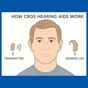 A diagram of how CROS hearing aids work. 