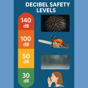 An infographic shows 4 decibel safety levels. 