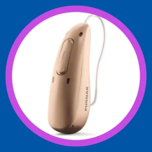 A golden beige Phonak hearing aid sits on a white background. 