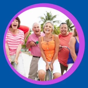 Older friends enjoy beach time. 