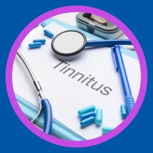 The word "tinnitus" is written on a paper on a clipboard.