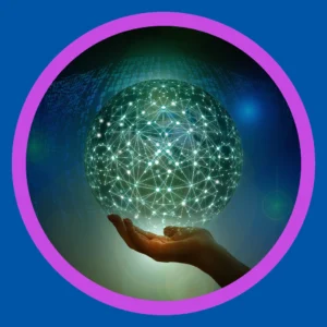 A hand holds a glowing orb with interconnected lines.