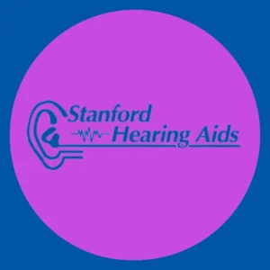 The Stanford Hearing logo rests on a purple background.