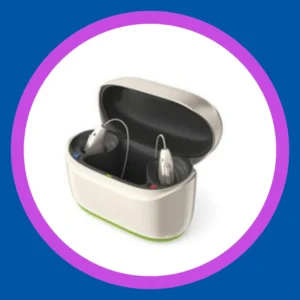 Hearing aids sit in their charging case. 