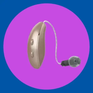 A Starkey Genesis hearing aid rests on purple background. 