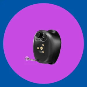 A Starkey Signature hearing aid rests on a purple background. 