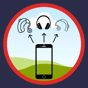 A smartphone outline points to hearing aids, headphones and Airpods. 