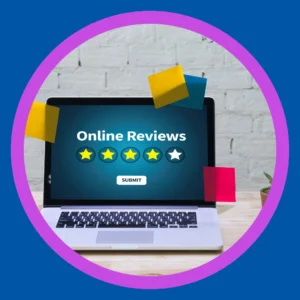 A laptop screen shows the words, "Online reviews." 