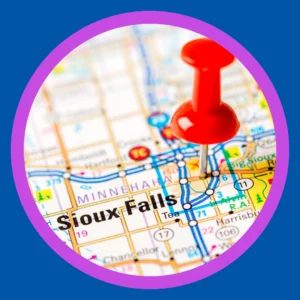 A map showing Sioux Falls has a pin in it.