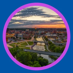 An aerial view of Sioux Falls shows a sunset.