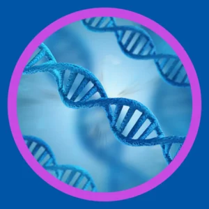 Strands of DNA go across a blue background. 