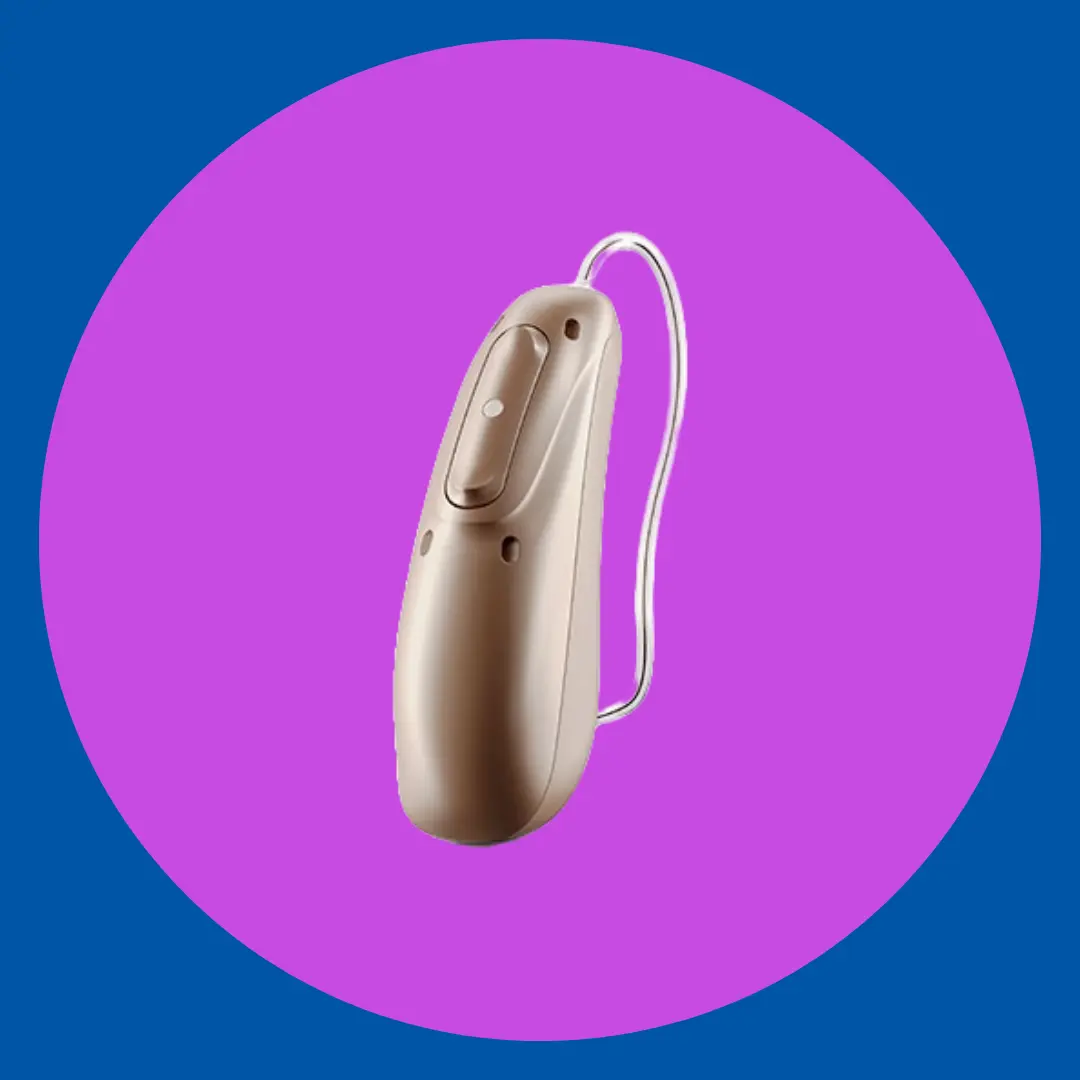 A Phonak Sphere Infinio hearing aid stands on a purple background.