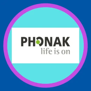 The Phonak logo sits on a blue background. 
