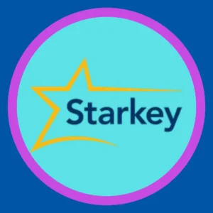 The Starkey logo sits on a blue background. 