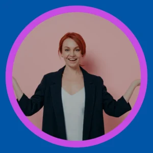 A woman holds up her hands like she is comparing two options.