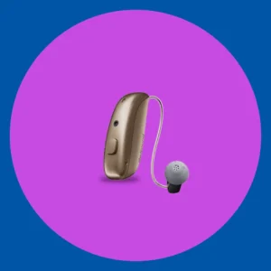 A gold Resound Vivia hearing aid stands on  purple background. 