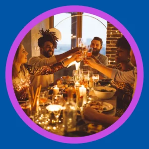 A family has dinner together. 