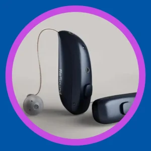 Black Resound Vivia hearing aids sit on a white background. 