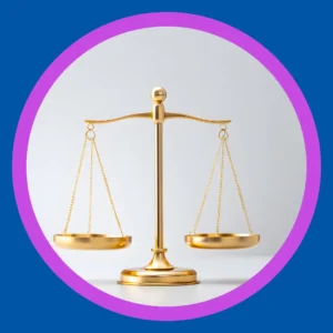 A gold balance scale stands on a white background.