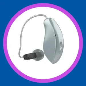 A silver Starkey Omega AI hearing aid stands on a white background.