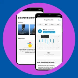 Two cellphones show the Balance Builder and Starkey app screens.