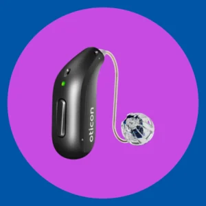 A black Oticon Intent hearing aid sits on a purple background.