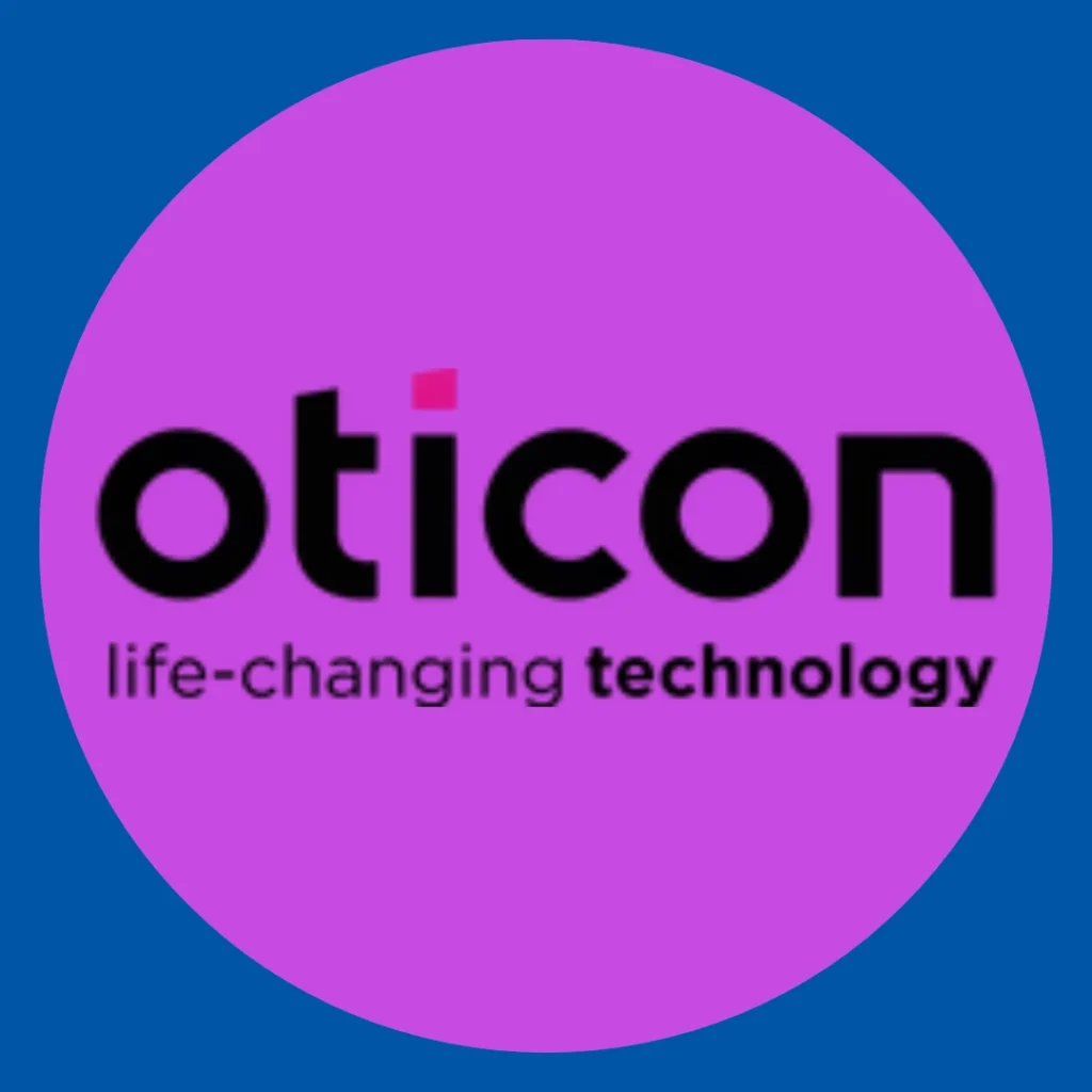 The Oticon logo sits on a purple background.