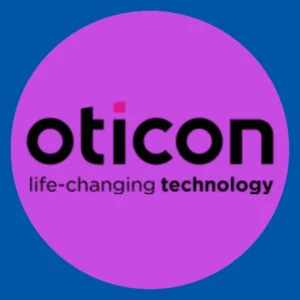 The Oticon logo sits on a purple background.