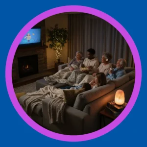 An extended family watches a movie together.