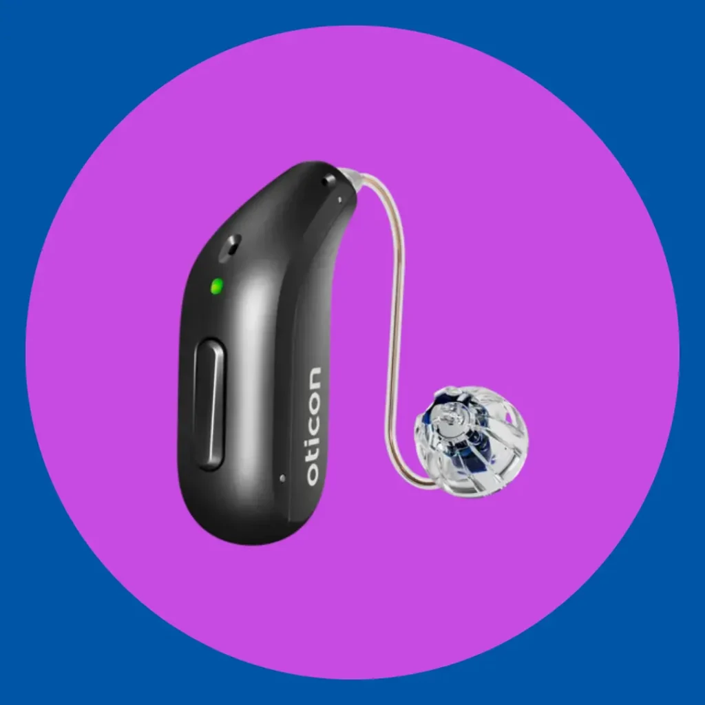 A black Oticon Intent hearing aid stands on a purple background.