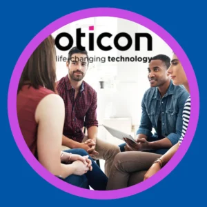 3 people talk underneath the Oticon logo. 