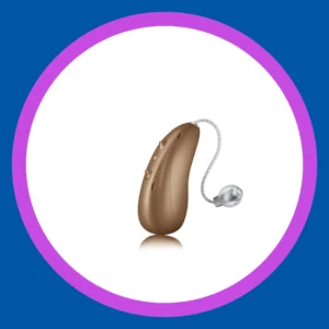 A Moxi hearing aid stands on a white background. 