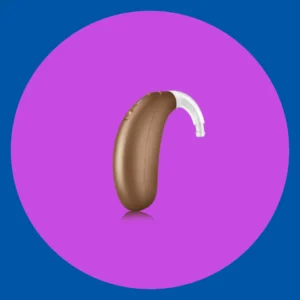 A Stride hearing aid stands on a purple background. 