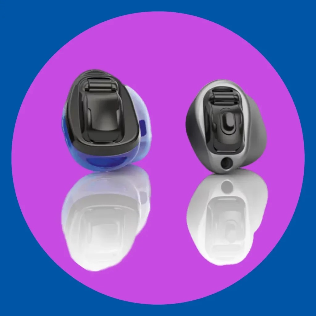 A pair of Phonak Virto Infinio hearing aids sit on a purple background.