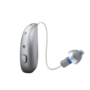 A Resound Sensia hearing aid stands on a white background.
