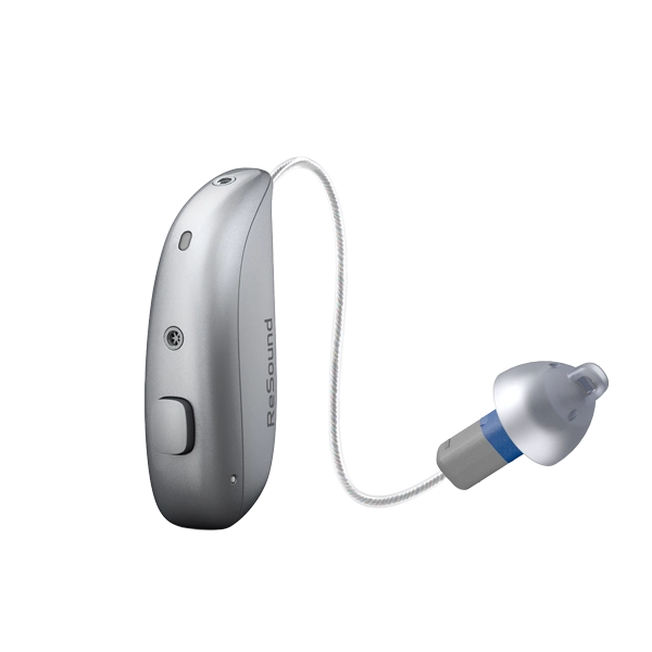 A silver Resound Sensia hearing aid stands.