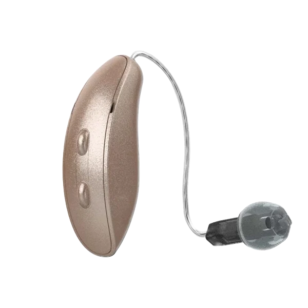 A beige Starkey G Series hearing aid stands on a white background.