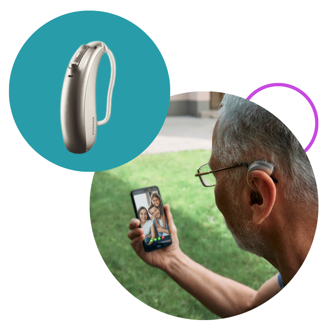 TruHearing Aids - image 3 man facetiming family with image of hearing aid next to it