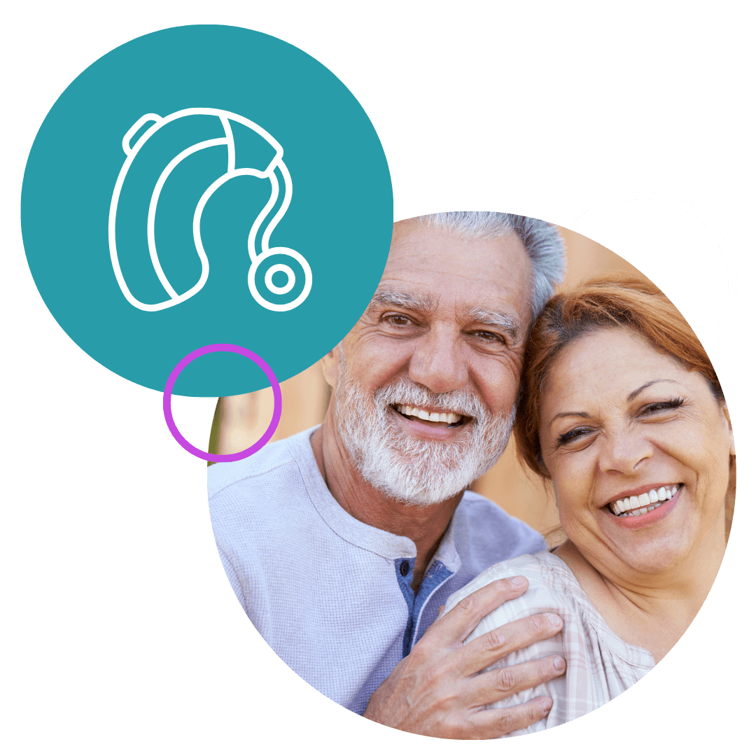 hearing aid icon overlayed with smiling adults